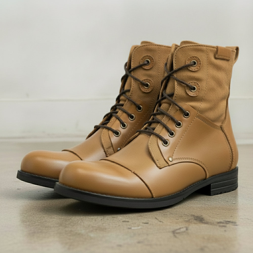Men's Tan Cap-Toe Leather Lace-Up Combat Boots — Alderley