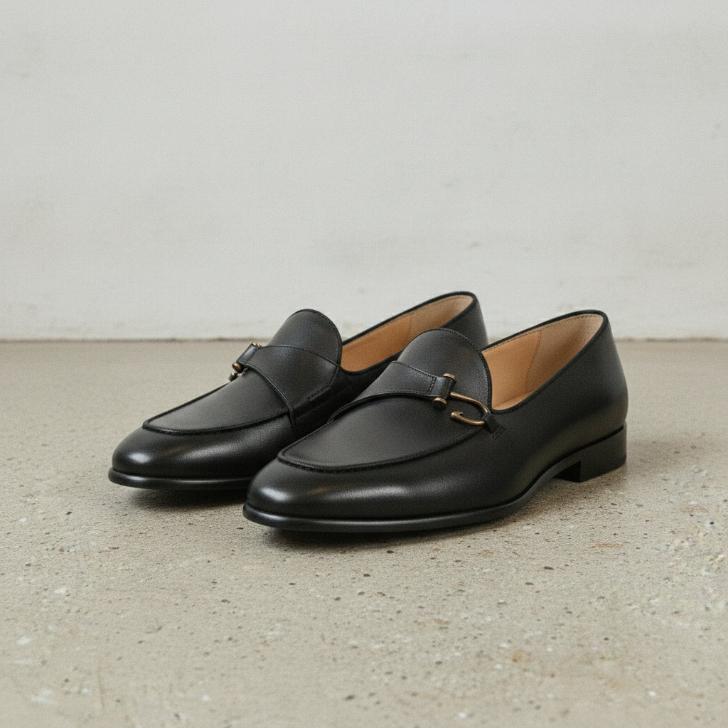 Men's Black Apron-Toe Leather Bit Loafers