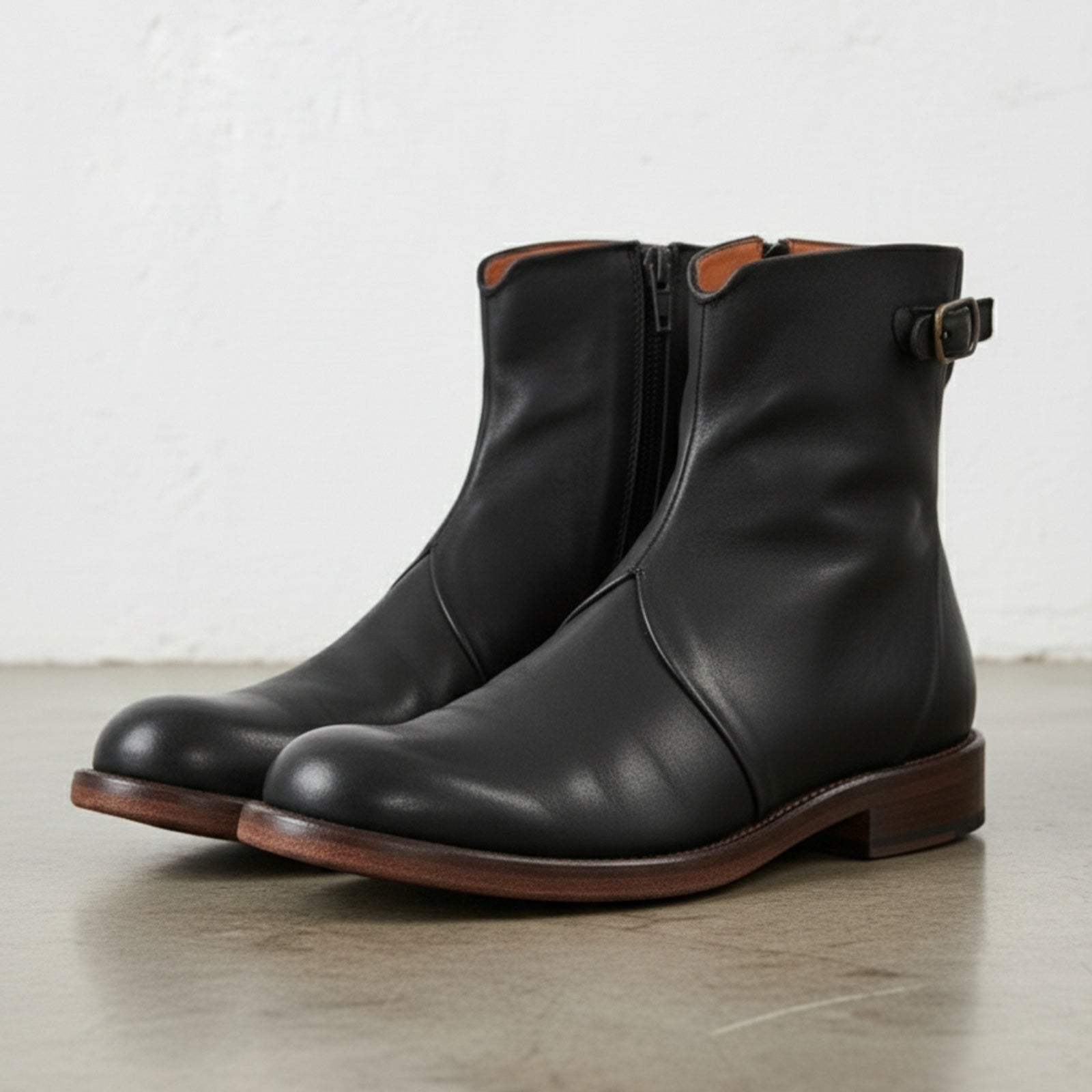 angle-view-showing-depth - Men's Distressed Ankle Boots, Full-Grain Leather Ankle Boots, Buckle Strap Ankle Boots