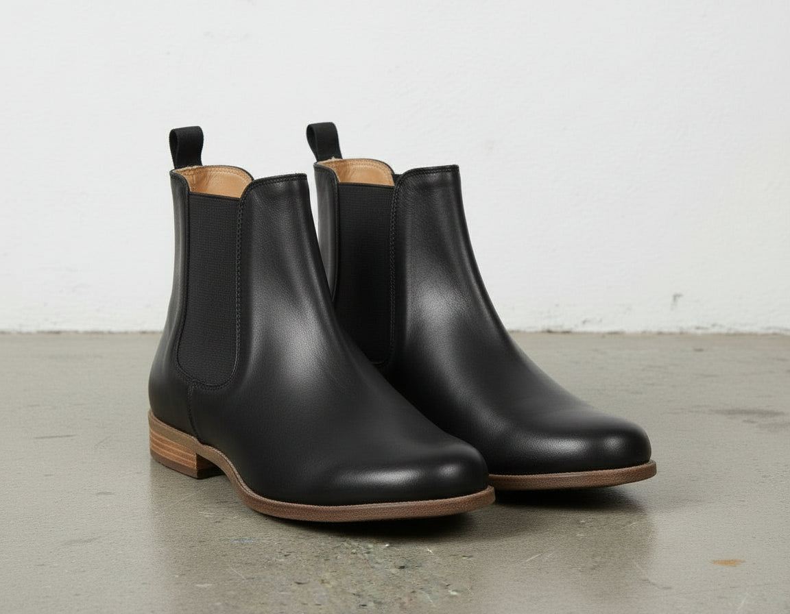 angle-view-showing-depth - Women's Handmade Black Leather Chelsea Boots