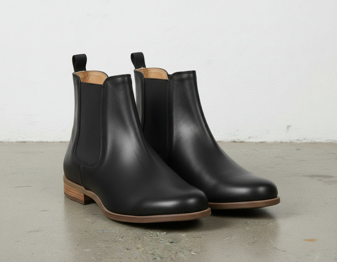 angle-view-showing-depth - Women's Handmade Black Leather Chelsea Boots