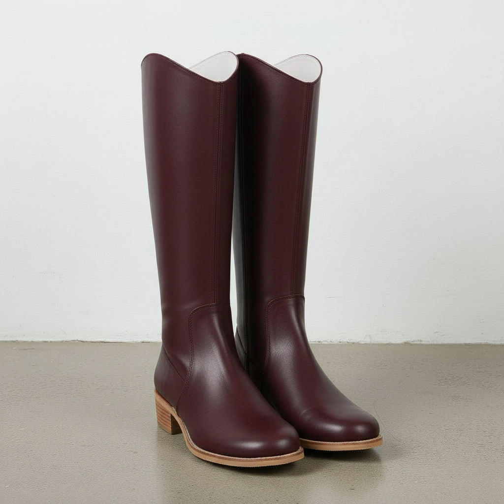 angle-view-showing-depth - Women's Handmade Burgundy Knee-High Leather Chelsea Boots
