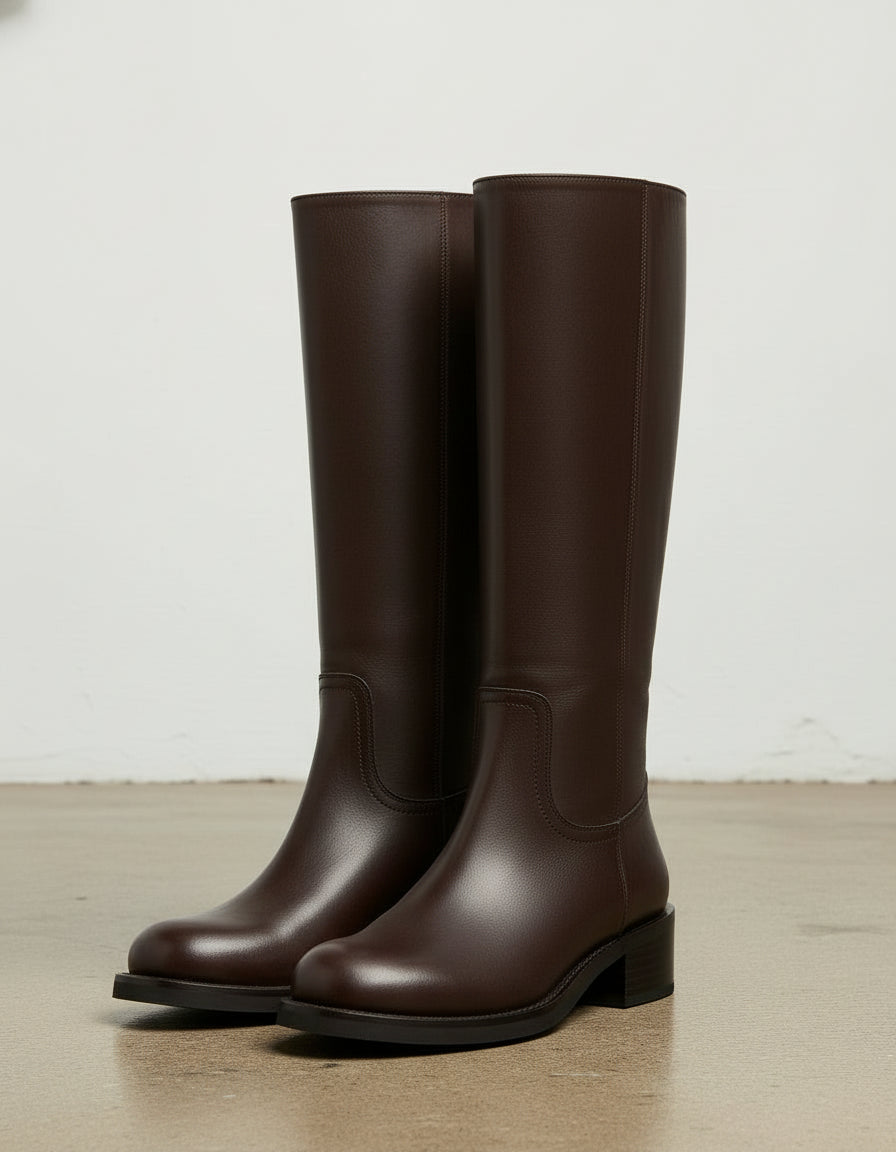 angle-view-showing-depth - Women's Handmade Chocolate Knee-High Leather Chelsea Boots