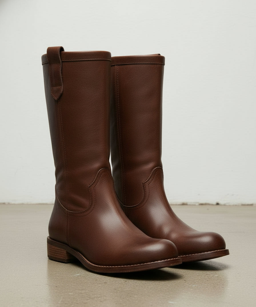 angle-view-showing-depth - Women's Handmade Chocolate Leather Roper Boots