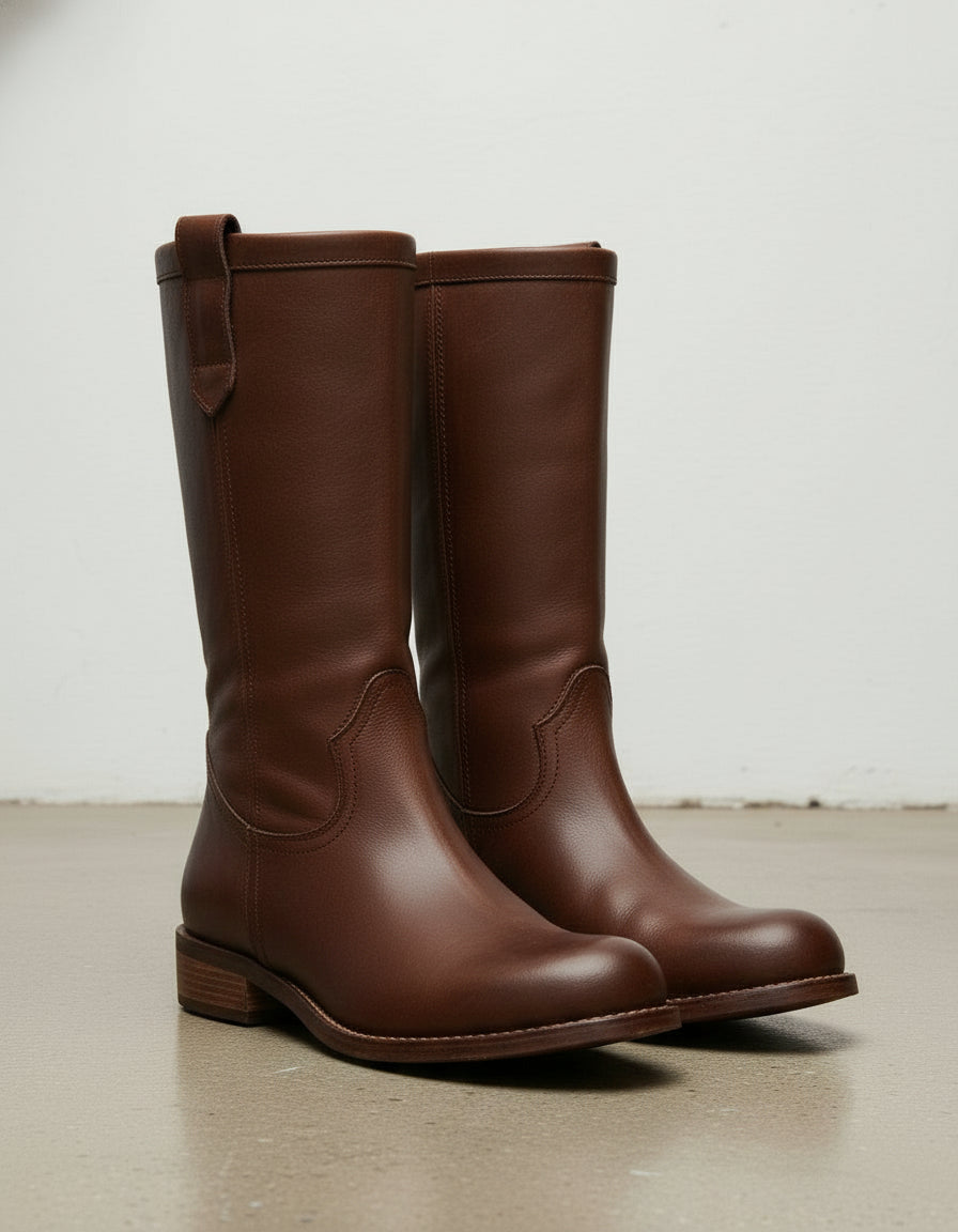 angle-view-showing-depth - Women's Handmade Chocolate Leather Roper Boots