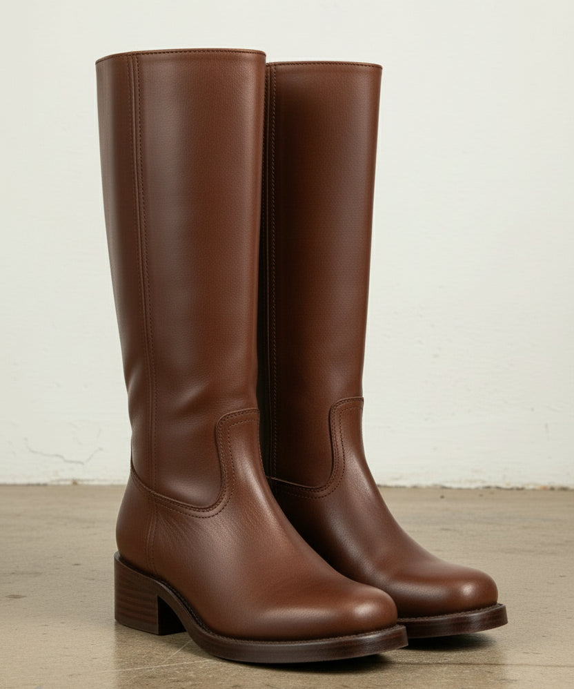 angle-view-showing-depth - Women's Handmade Cognac Brown Knee-High Leather Riding Boots