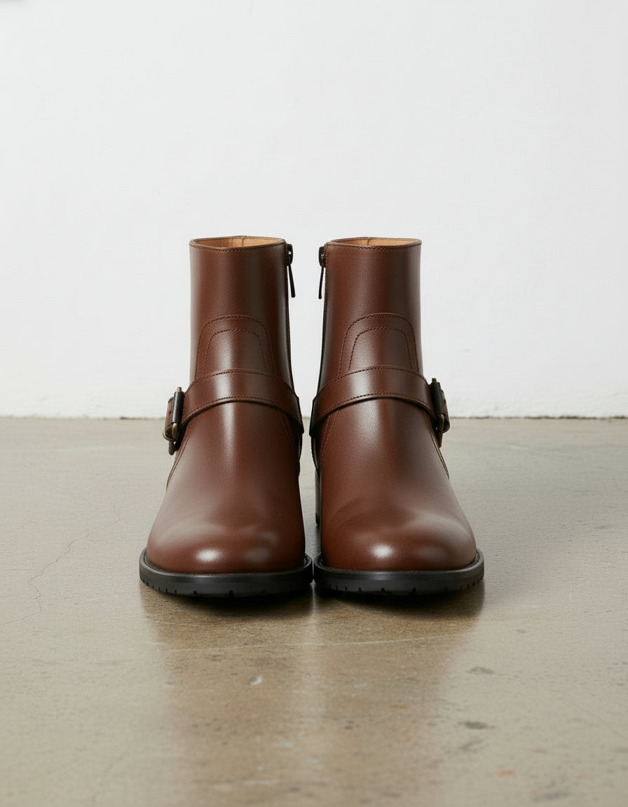 angle-view-showing-depth - Women's Handmade Cognac Brown Leather Ankle Boots, The Artisan Moto / Harness Boot