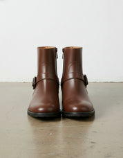 angle-view-showing-depth - Women's Handmade Cognac Brown Leather Ankle Boots, The Artisan Moto / Harness Boot