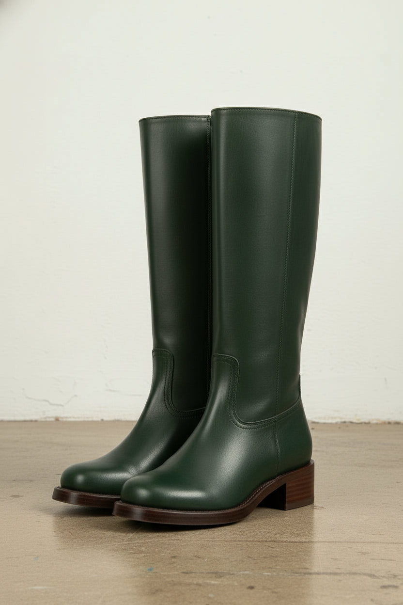 angle-view-showing-depth - Women's Handmade Dark Green Knee-High Leather Riding Boots