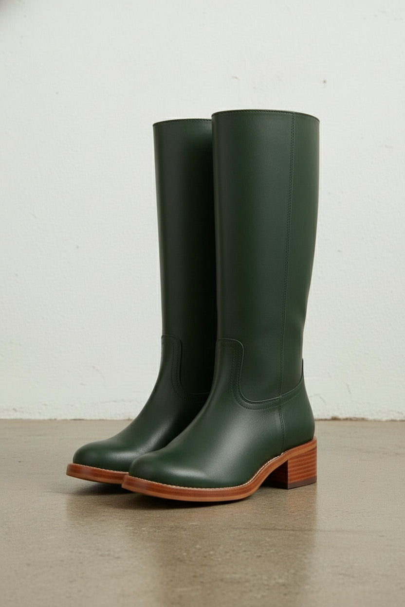 angle-view-showing-depth - Women's Handmade Dark Green Knee-High Riding Leather Boots