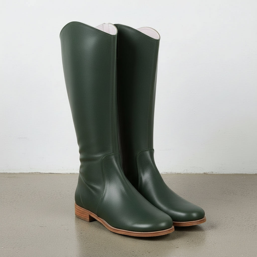 angle-view-showing-depth - Women's Handmade Dark Green Leather Chelsea Boots