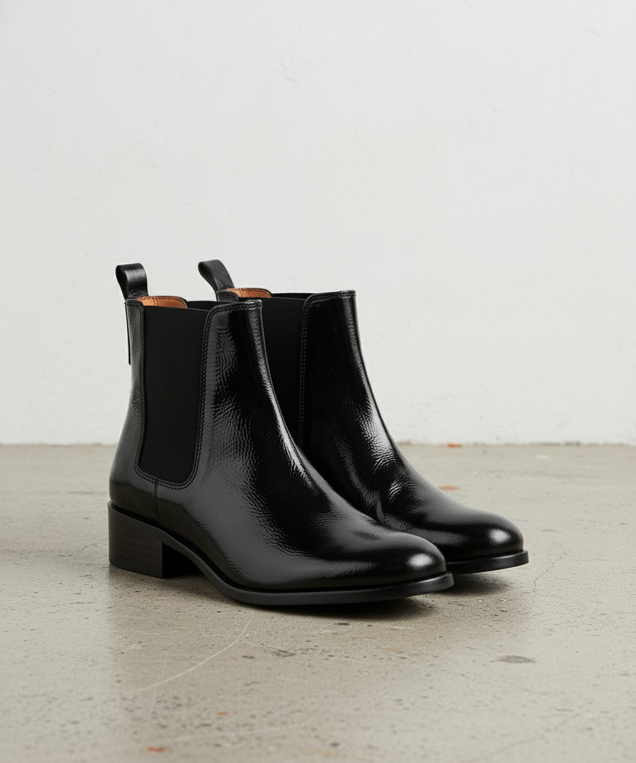 angle-view-showing-depth - Women's Handmade Leather Chelsea Boots, Slip-On Ankle Boot, Polished Dress Boot