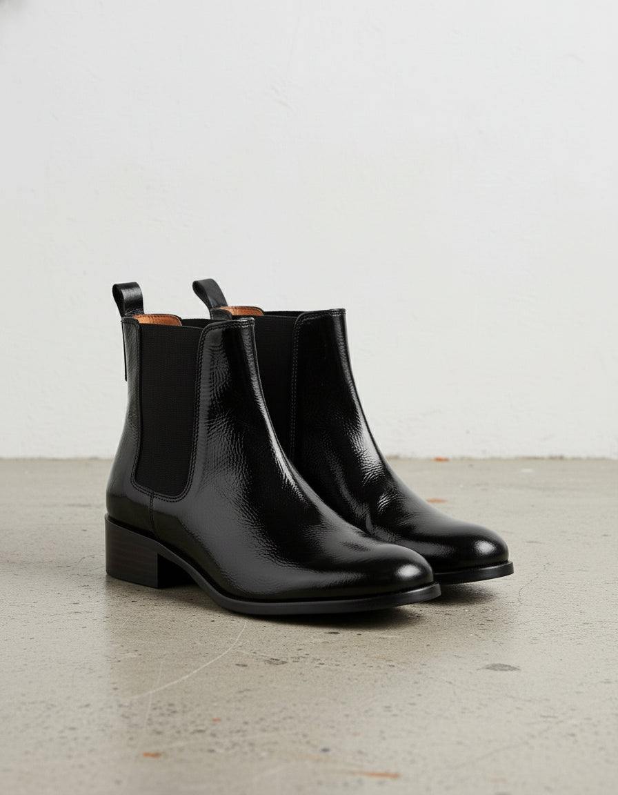 angle-view-showing-depth - Women's Handmade Leather Chelsea Boots, Slip-On Ankle Boot, Polished Dress Boot