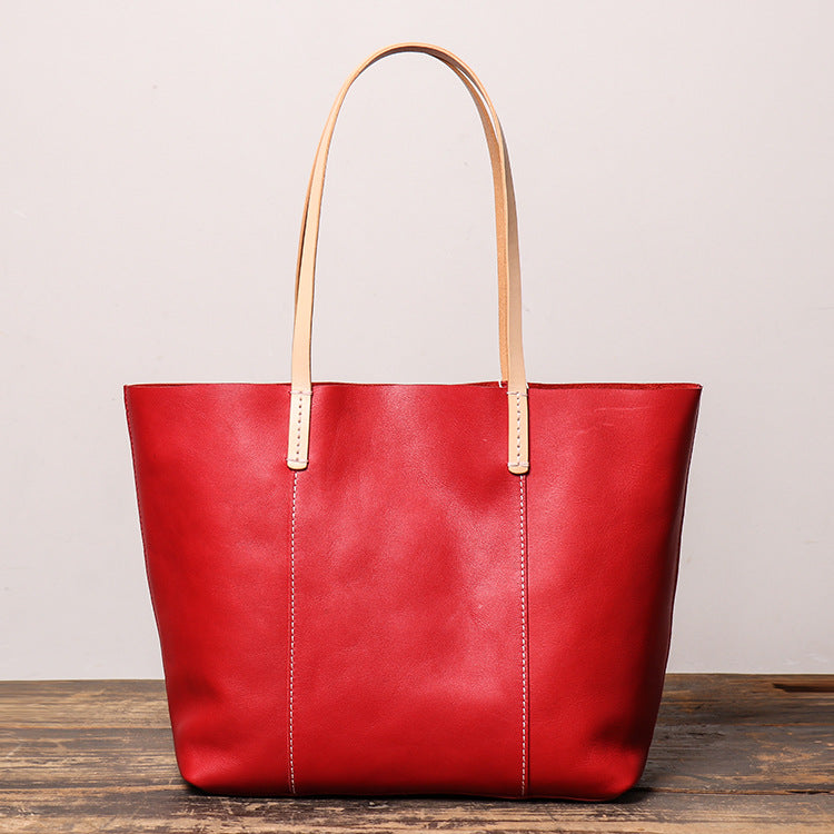 Women's Color-Block Zipper Closure Full-Grain Leather Tote Bag