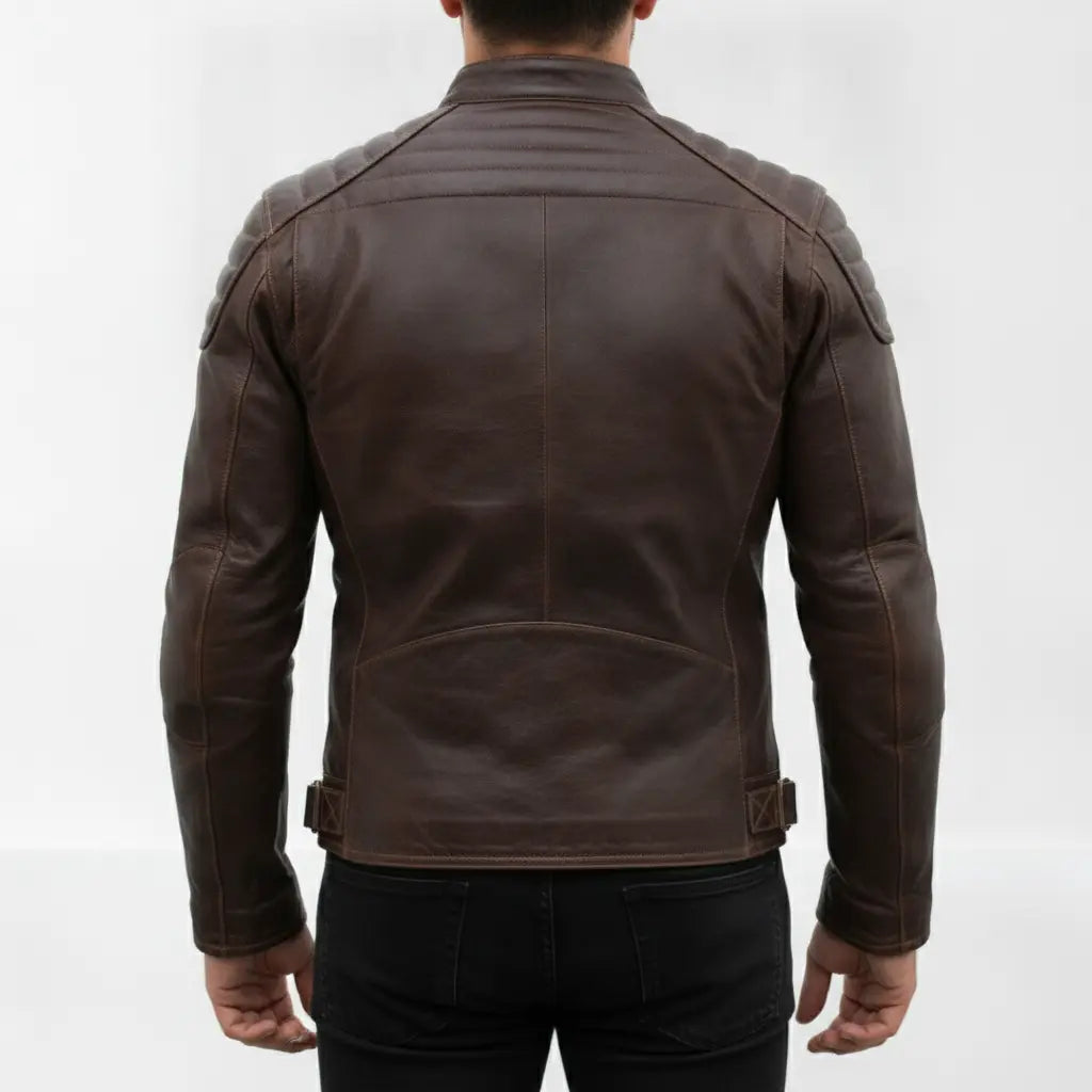 Men's Distressed Dark Brown Leather Cafe Racer Biker Jacket — Abburn