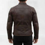 Men's Distressed Dark Brown Leather Cafe Racer Biker Jacket — Abburn
