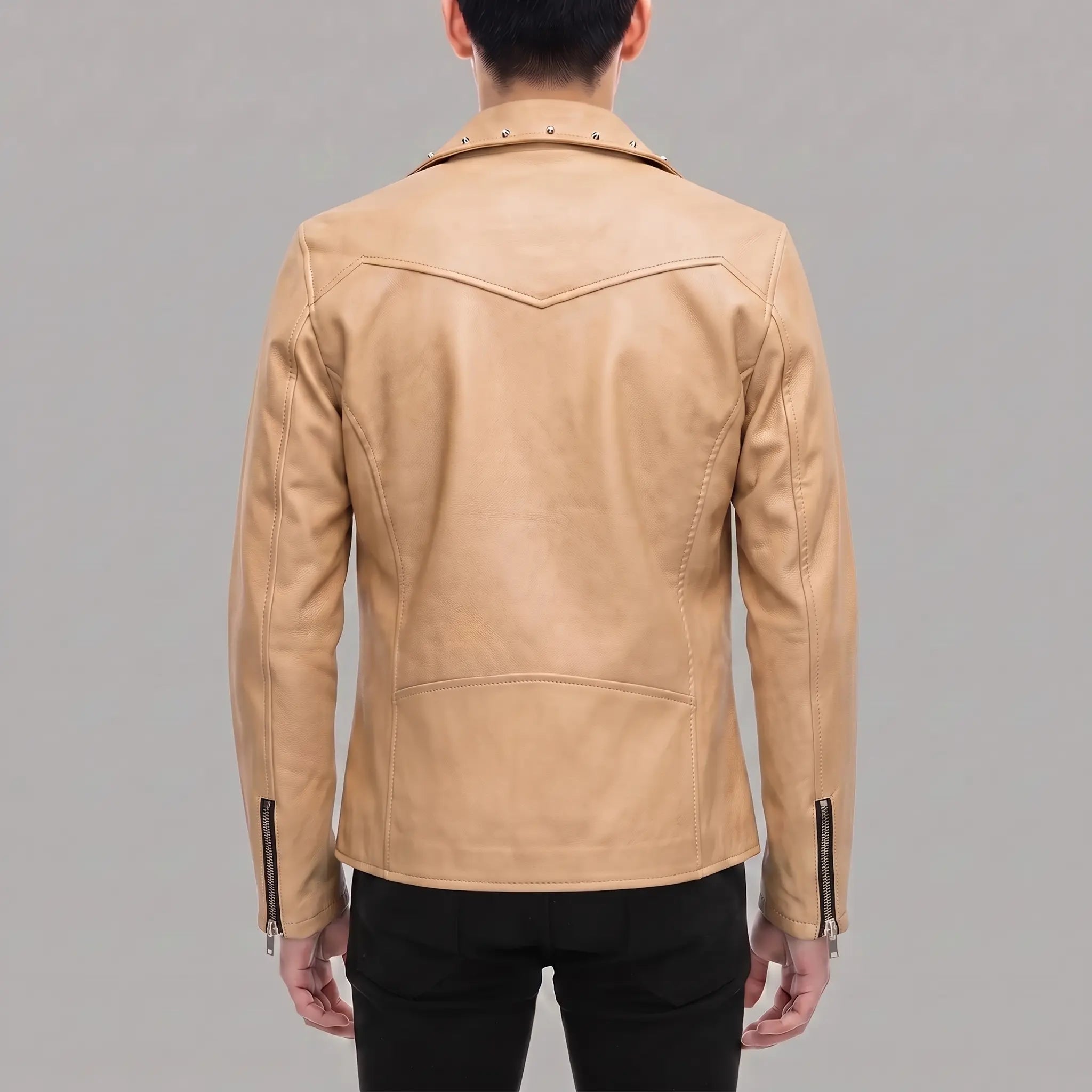 Men's Tan Studded Leather Biker Jacket — Fossett