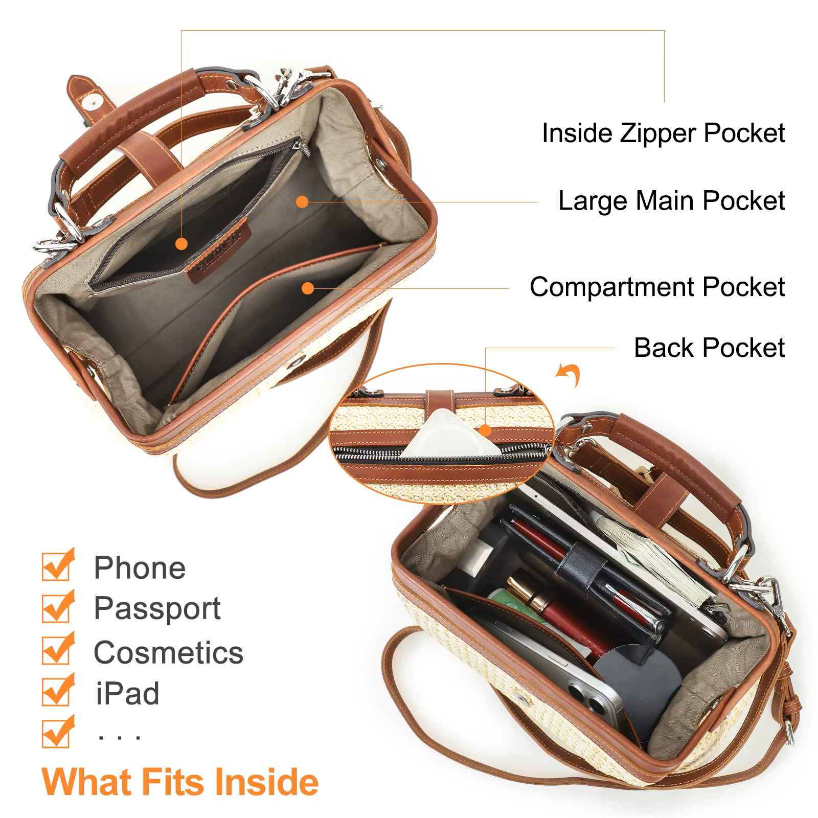 Women's Natural Straw Doctor Bag with Cognac Leather Trim