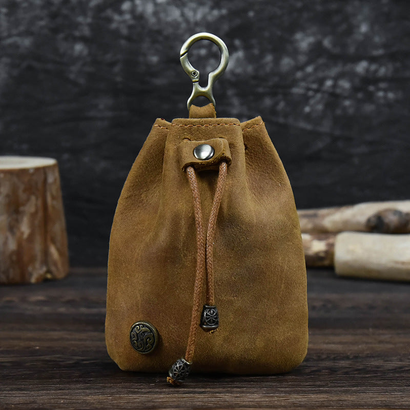 Unisex Distressed Full-Grain Leather Drawstring Coin Pouch
