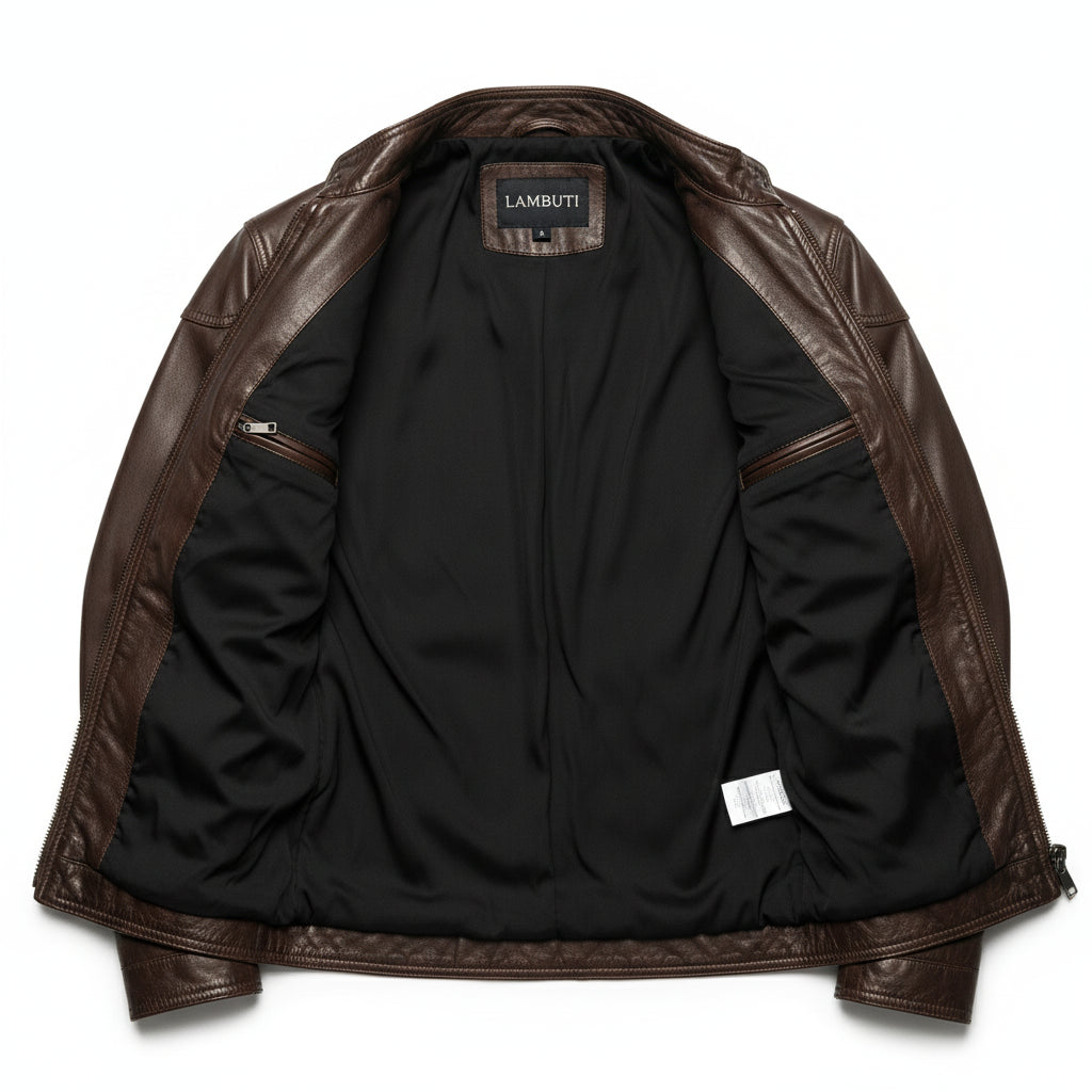 Brown leather jacket laid open to show its black lining
