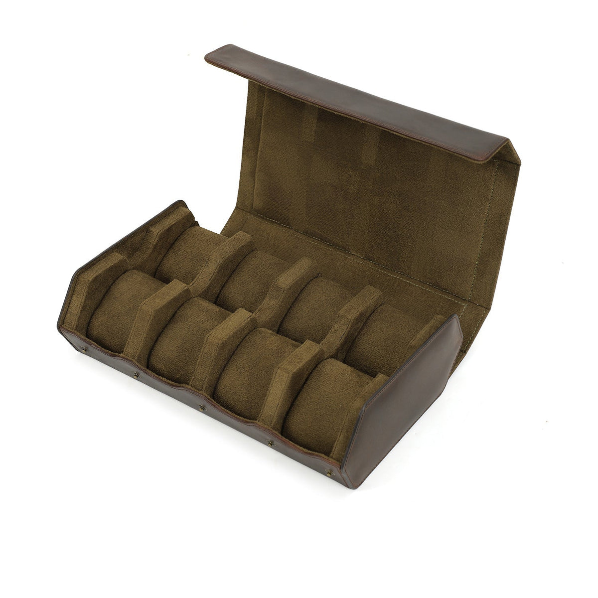 Open dark brown leather eight-watch case with olive suede pillows
