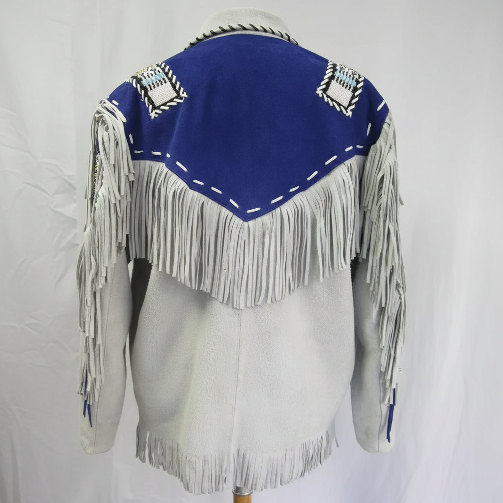 Handmade Men Western Leather Jacket Wear Fringes Beads Native American Cowboy Coat