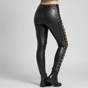 Gothic Women's Genuine Leather Lace-Up Pants, Snug Fit Alt Style