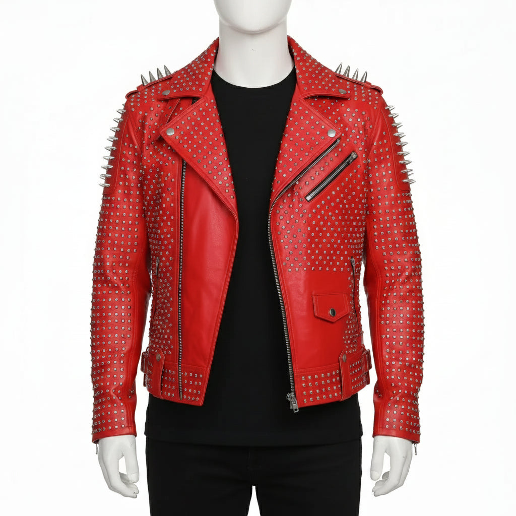 Handmade Hand Studded Red Spiked Leather Jacket for Men, Rivet Punk Studded Jacket