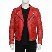 Handmade Hand Studded Red Spiked Leather Jacket for Men, Rivet Punk Studded Jacket