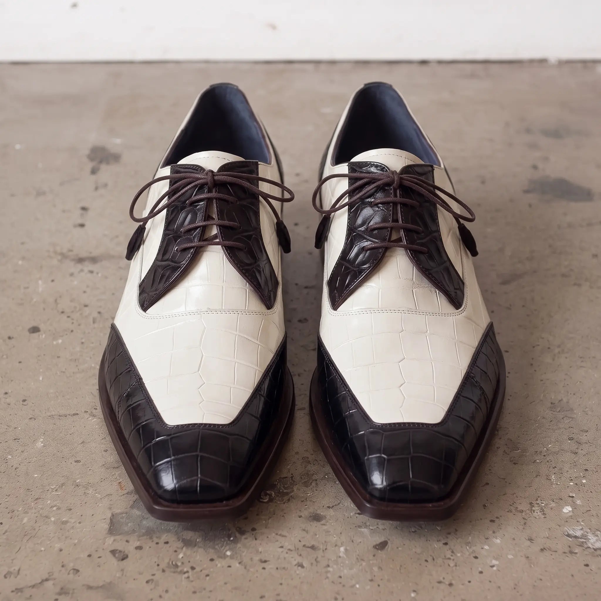 Men's Black and Off-White Crocodile-Embossed Leather Spectator Derby Shoes — Birkdale