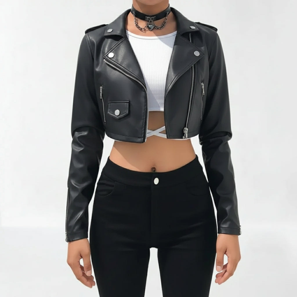 Handmade Women Black Leather Cropped Biker Jacket, Chic Fashion Cropped Jacket