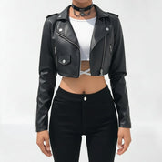 Handmade Women Black Leather Cropped Biker Jacket, Chic Fashion Cropped Jacket