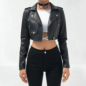 Women's Black Cropped Leather Biker Jacket — Lapford