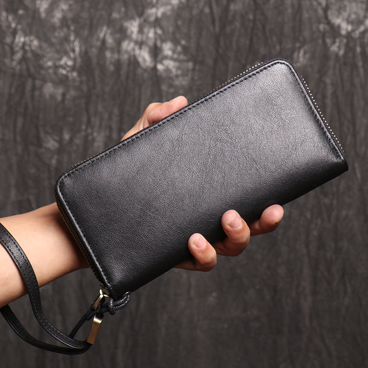 Men's Zip-Around Cowhide Leather Card Holder With Multiple Slots