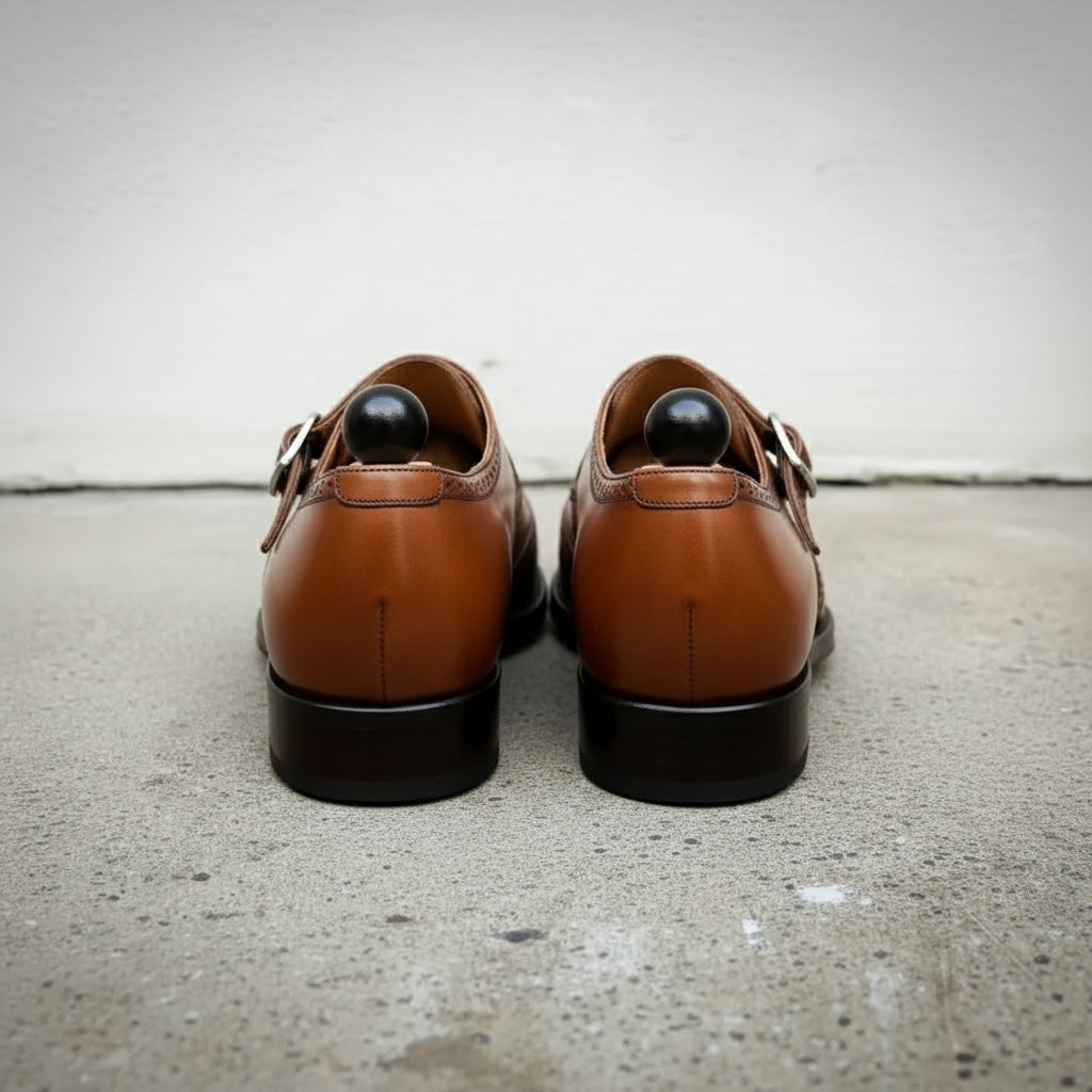 Handmade Men's Brown Monk Dress Shoes with Buckle Closure