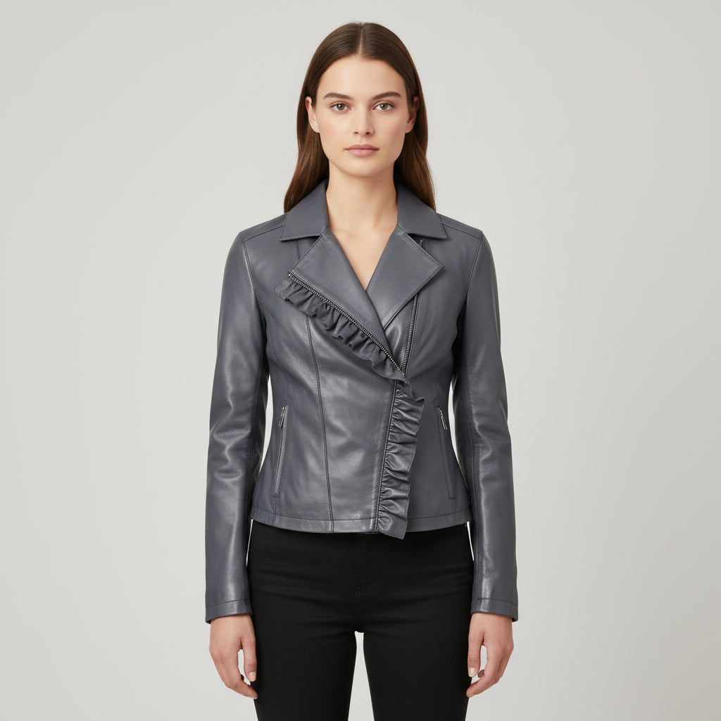 Women's Slim Fit Leather Biker Jacket with Frill Detail