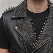 Men's Black Studded Leather Biker Jacket — Tiverton