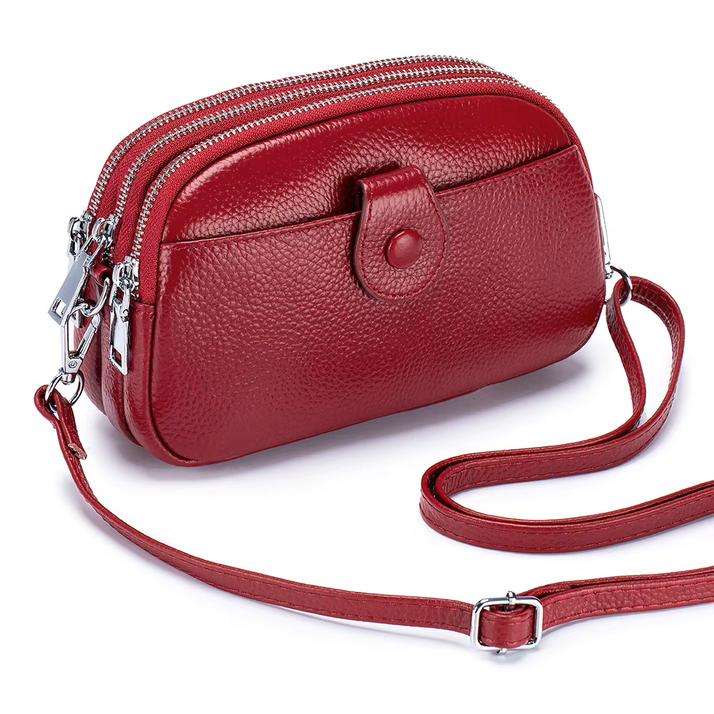 Women's Black Full-Grain Leather Crossbody Phone Bag