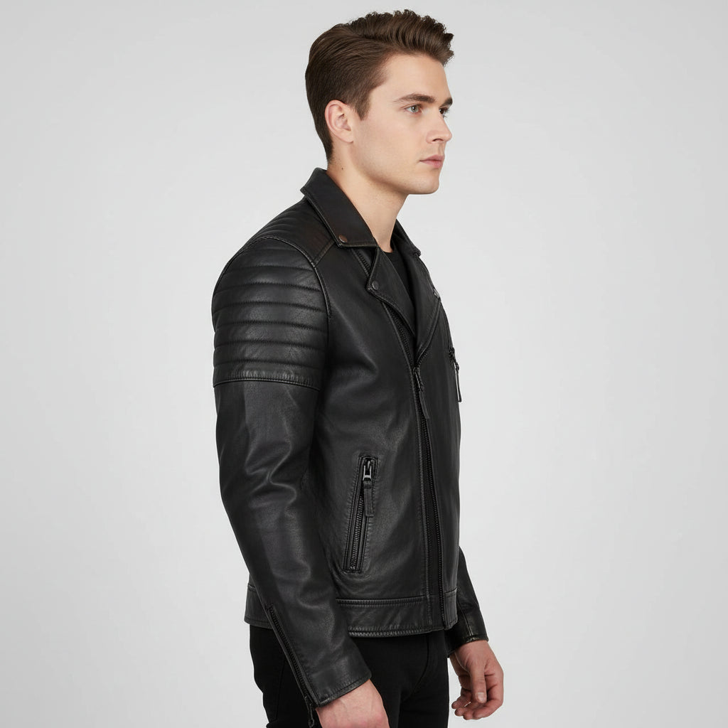 Men's Handmade Black Genuine Leather Jacket Slim Fit Zip Closure Vintage Style