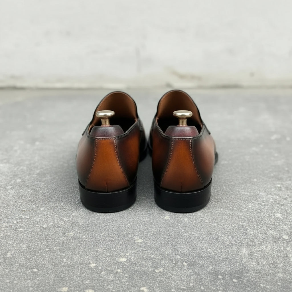 Handmade Men's Tan and Black Almond Toe Moccasin Dress Shoes