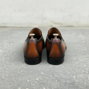 Handmade Men's Tan and Black Almond Toe Moccasin Dress Shoes