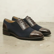 Men's Dark Blue and Dark Brown Cap-Toe Crocodile-Embossed Leather and Canvas Oxfords — Garnett — Garnett
