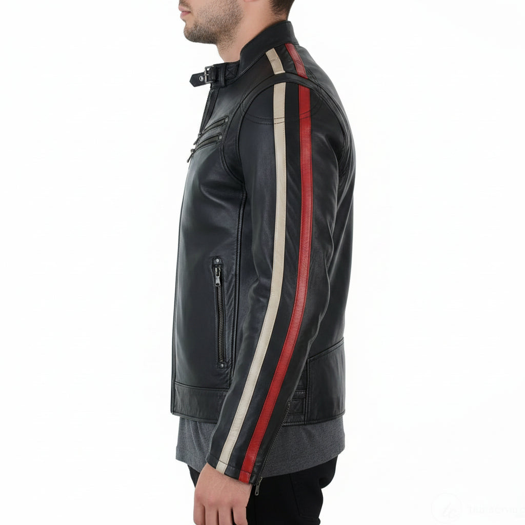 Handmade Mens Black Genuine Sheep Leather Jacket Men Motocycle Retro Style Jacket