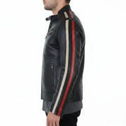 Men's Black and Cream Leather Biker Jacket — Blakemore