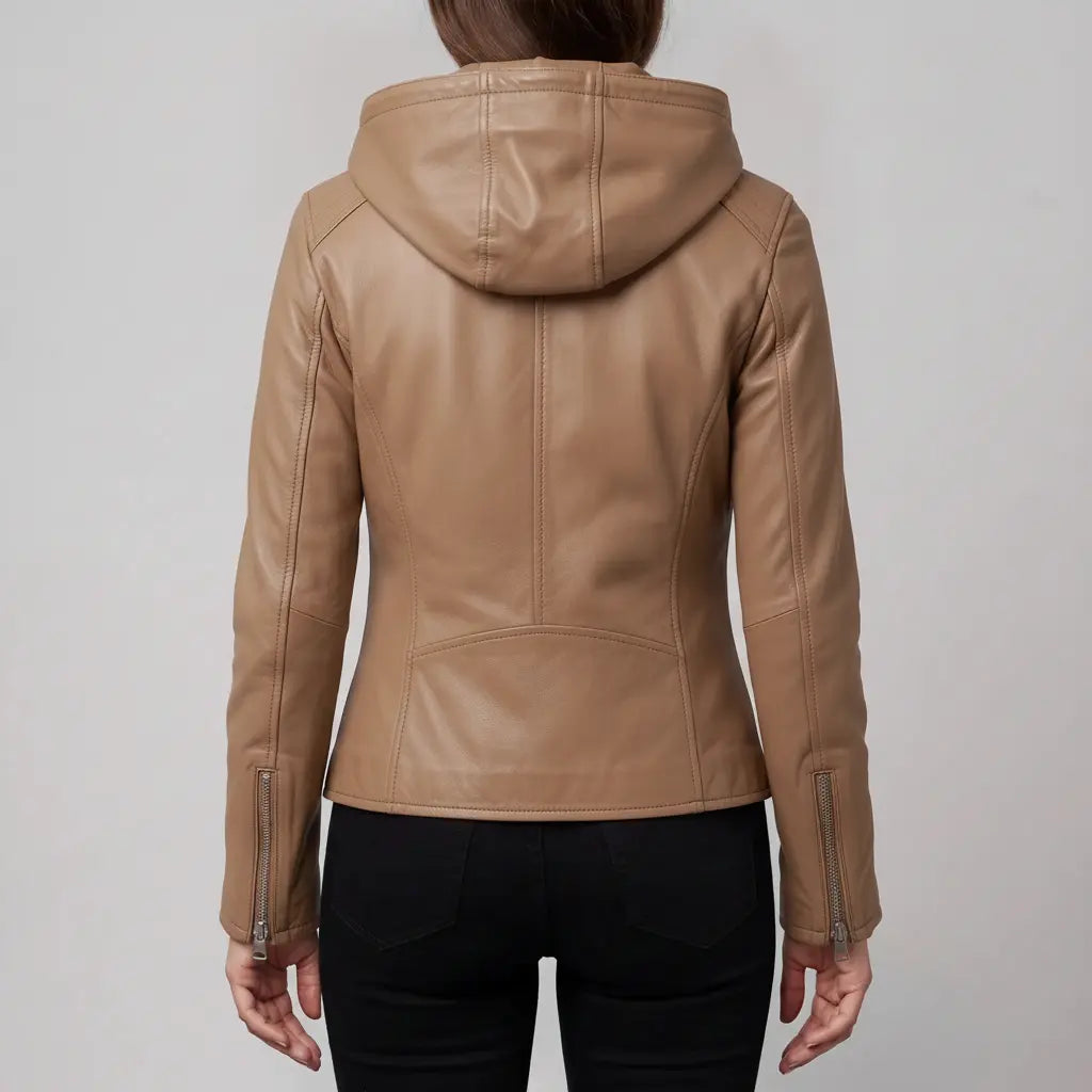 Women's Tan Asymmetrical Zip Leather Biker Jacket — Baunton