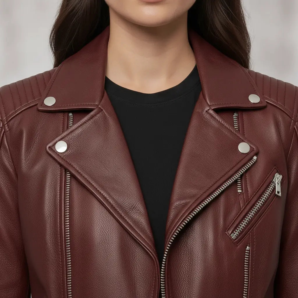 Women's Burgundy Leather Biker Jacket — Welford