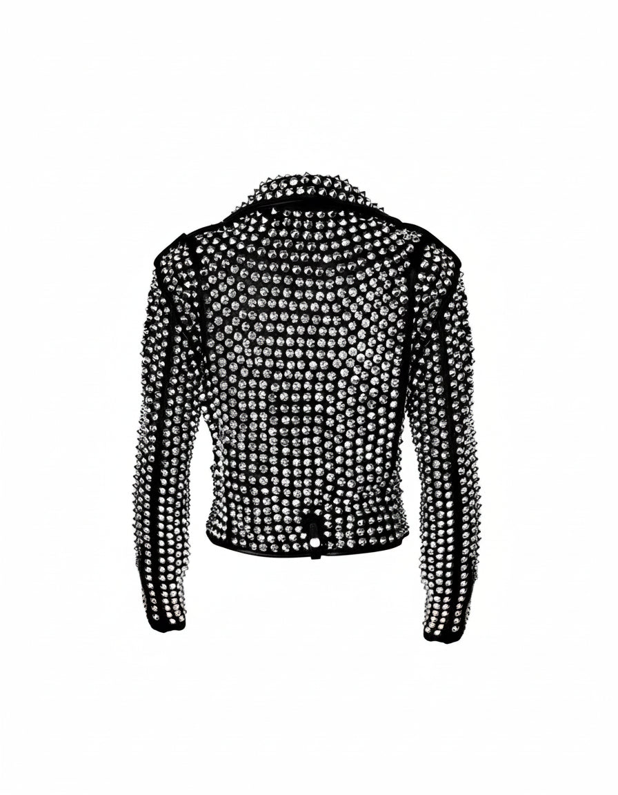 Handmade Women's Rock Star All Over Silver Studded Cowhide Leather Moto Jacket