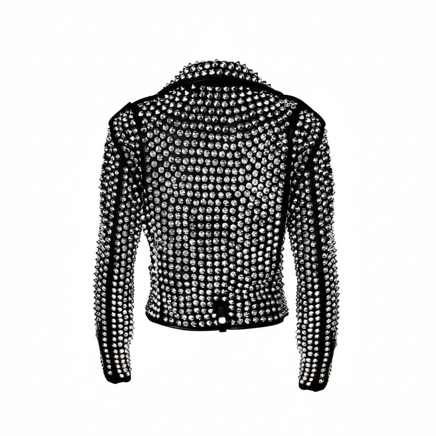 Handmade Women's Rock Star All Over Silver Studded Cowhide Leather Moto Jacket