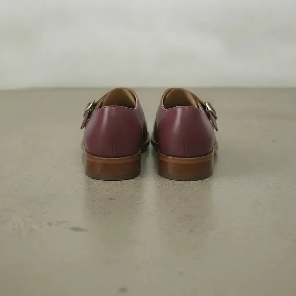 Men's Burgundy Plain-Toe Leather Double Monk Strap Shoes — Farlam