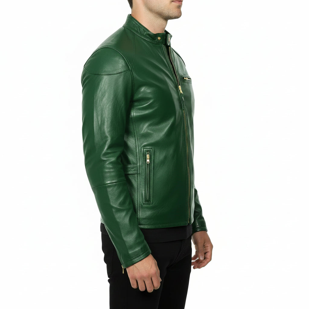 Handmade Men Green Leather Slim Fit Jacket, Men Biker Jacket, Motorcycle Jacket Men